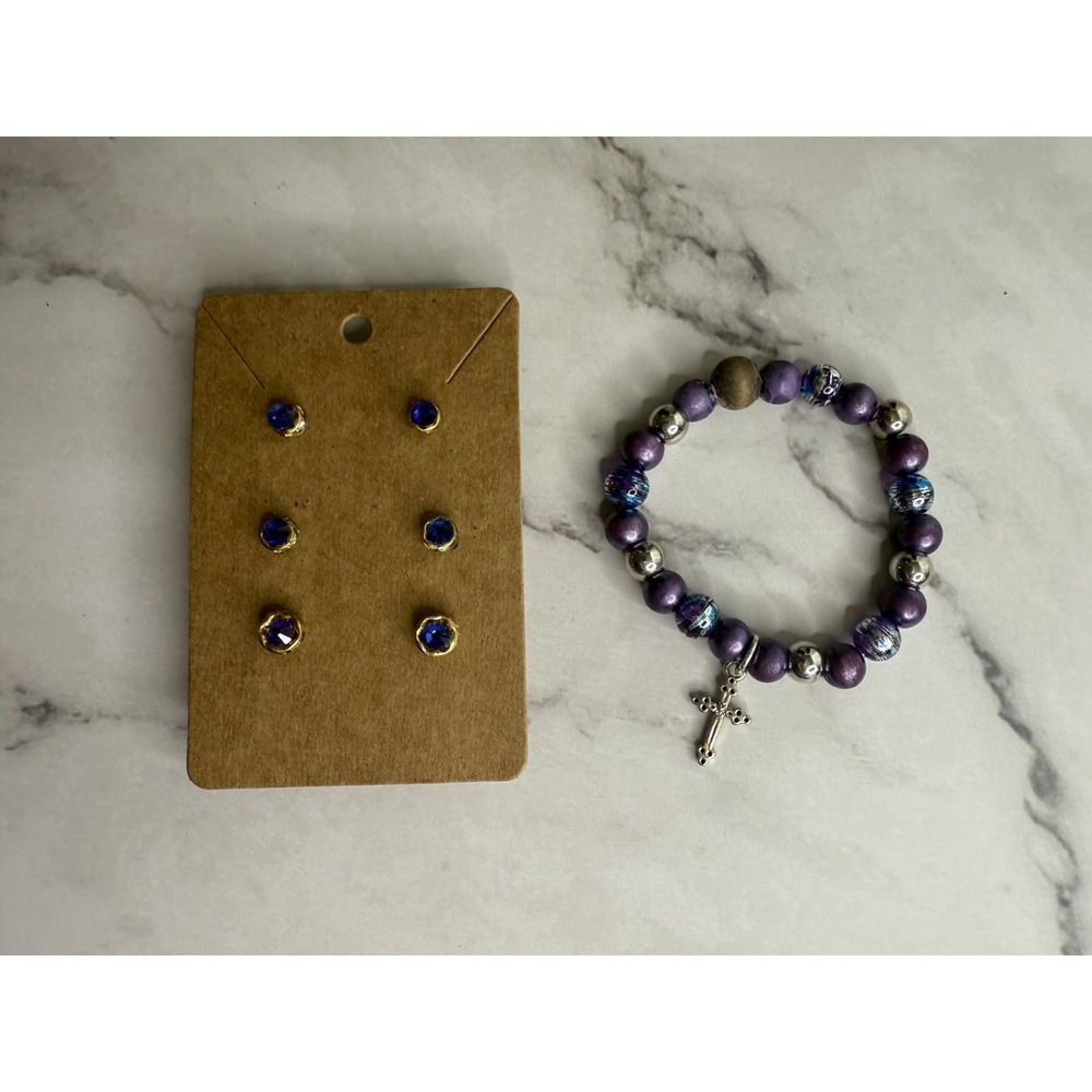 handmade beaded dangle earrings and bracelet set purple and silver‎ tones